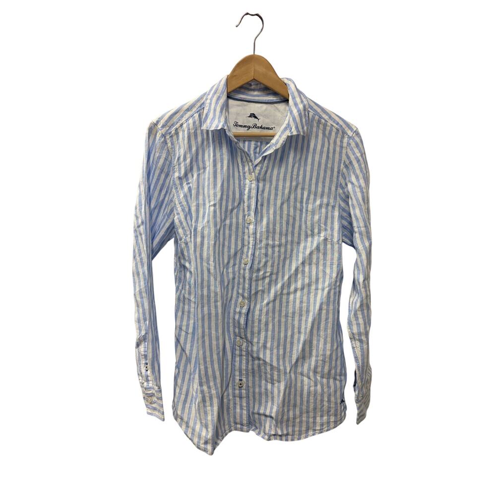 Tommy Bahama Blouse Shirt Women’s Medium Linen  Long Sleeve Top Blue Striped